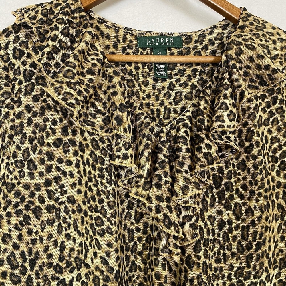 Lauren Ralph Lauren Leopard Print Ruffle V-Neck Mesh Blouse Plus Size 2X Brown - Picture 4 of 5